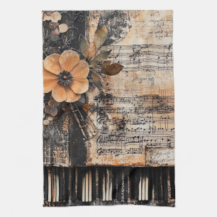 Paño De Cocina Floral con claves de piano rústicas y hoja de músi