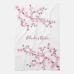 Paño De Cocina Floral de flores de cerezo blanco rosado personali