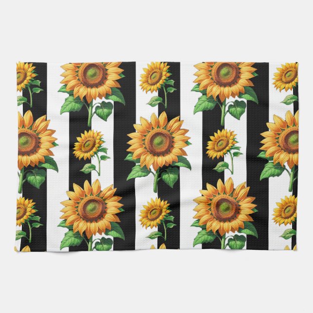 Paño De Cocina Floral de girasol franjas blancas negras (Horizontal)