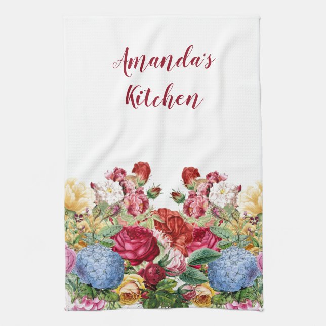 Paño De Cocina Floral de hidrangea azul y Rosa personalizada (Vertical)