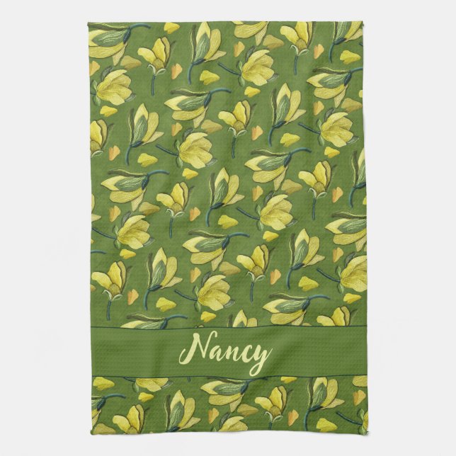 Paño De Cocina Floral de magnolia verde personalizada (Vertical)