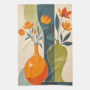 Paño De Cocina Floral de mediados de siglo Azul ahumado Verde Oli