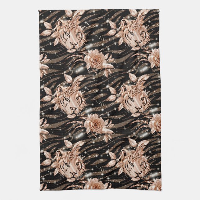 Paño De Cocina Floral de tigre de oro Rosa negro (Vertical)