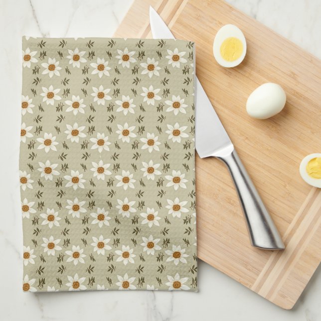 Paño De Cocina Floral decorativa en blanco y beige (Doblado Cuarto)
