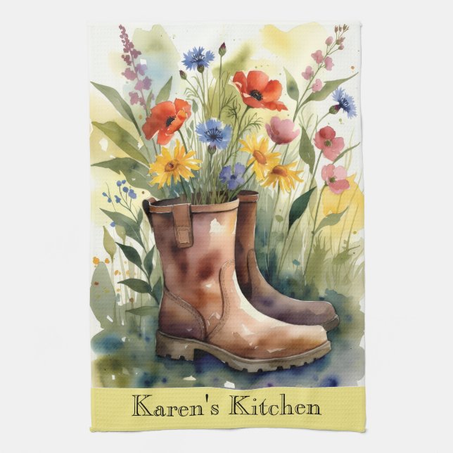 Paño De Cocina Floral Garden Boots and Wildflowers Kitchen Towel (Vertical)