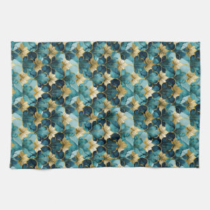Paño De Cocina Floral Japonés Verde Azul Dorado