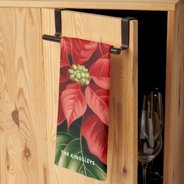 Paño De Cocina Floral navideña Red Poinsettia Holly personalizada (Pliegue de tercios)