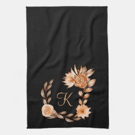 Paño De Cocina Floral negro, marrón y melocotón con monograma