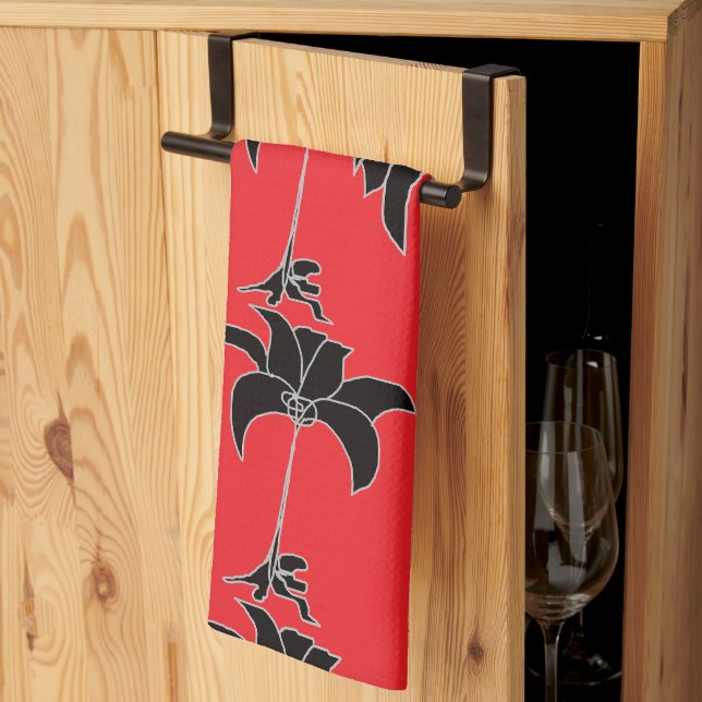 Paño De Cocina Floral Negro Rojo (Pliegue de tercios)