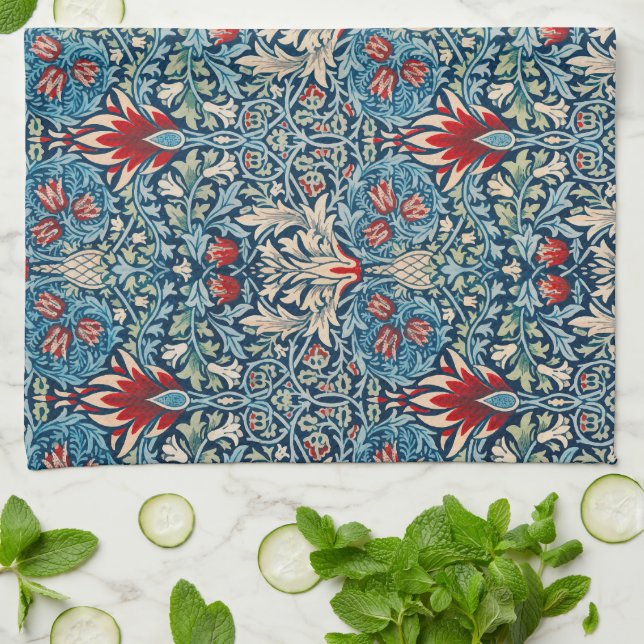 Paño De Cocina Floral pattern on green leaves blue background (Doblado)