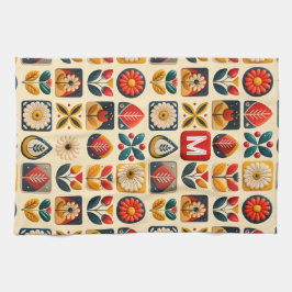 Paño De Cocina Floral popular retro con monograma personalizado