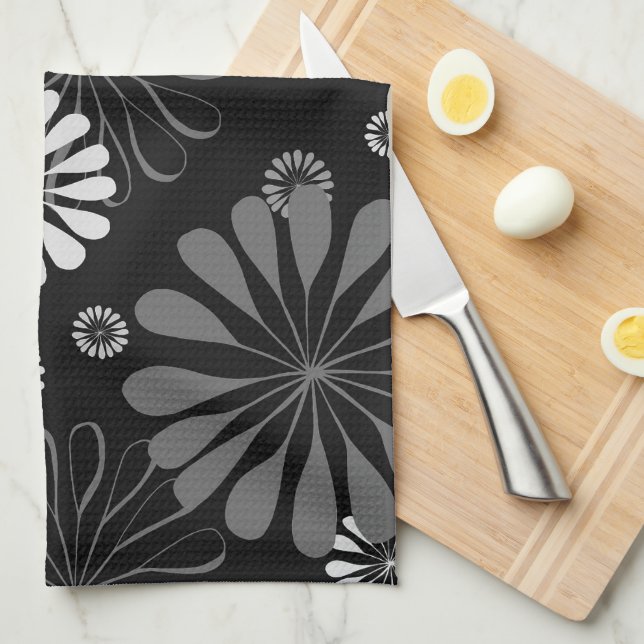 Paño De Cocina Floral retro en blanco y negro (Doblado Cuarto)