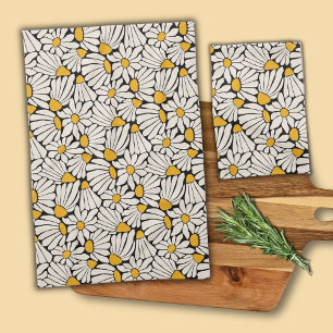 Paño De Cocina Floral retro negro impresión de bloque amarillo