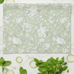 Paño De Cocina Floral Romántico Blanco Verde  