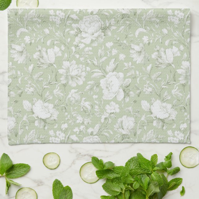 Paño De Cocina Floral Romántico Blanco Verde   (Doblado)