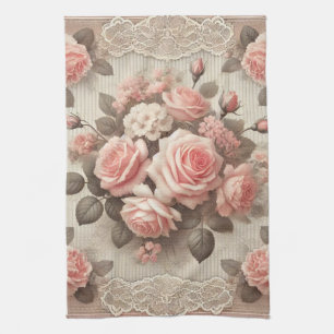 Paño De Cocina Floral rosa rosa vintage con borde de encaje