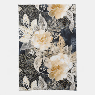 Paño De Cocina Floral salvaje de leopardo negro crema