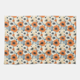 Paño De Cocina Floral sin foco con flujo Naranja, blanco y negro