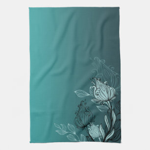 Paño De Cocina Floral verde azulado abstracto moderno