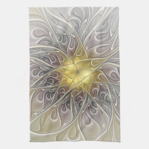 Paño De Cocina Florecer con flor fractal abstracta moderna de oro