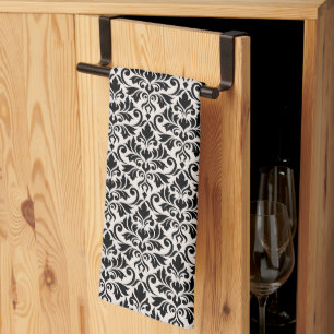Paño De Cocina Florecer Patrón Damask Negro sobre Crema