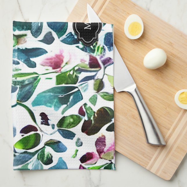 Paño De Cocina Flores acuarelas monogramadas patrón botánico (Doblado Cuarto)