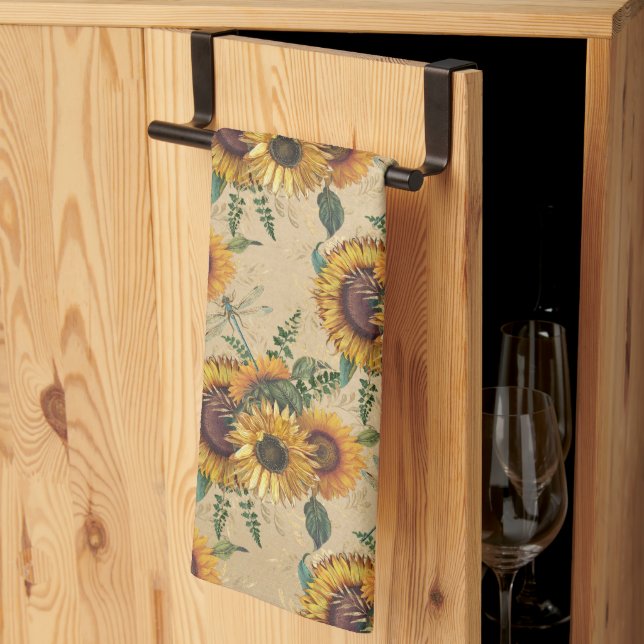 Paño De Cocina Flores amarillas retro Bouquet Dragonflies (Pliegue de tercios)