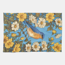 Paño De Cocina Flores amarillas y blancas animadas del Bluebird
