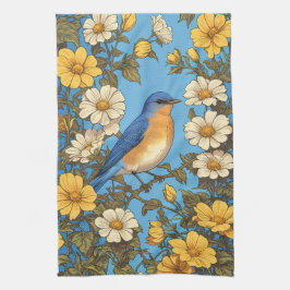 Paño De Cocina Flores amarillas y blancas animadas del Bluebird