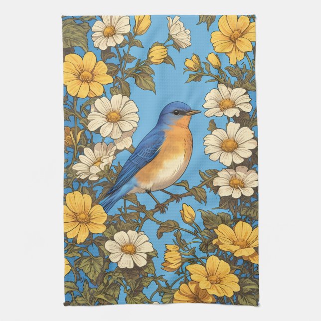 Paño De Cocina Flores amarillas y blancas animadas del Bluebird (Vertical)