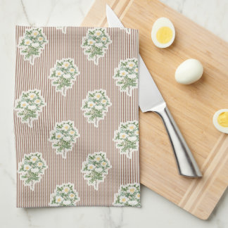 Paño De Cocina Flores Antiguas Rosas Blancas Rayas Marrones