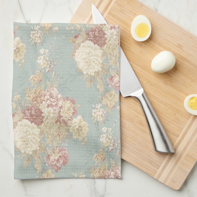 Paño De Cocina Flores Azules Blancas y Rosadas Shabby Chic (Doblado Cuarto)