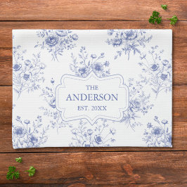 Paño De Cocina Flores Azules Clásicas con Monograma Patrón Floral