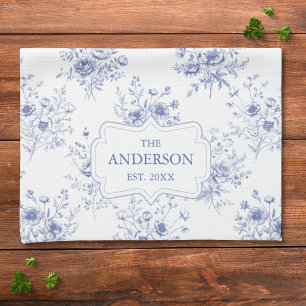Paño De Cocina Flores Azules Clásicas con Monograma Patrón Floral