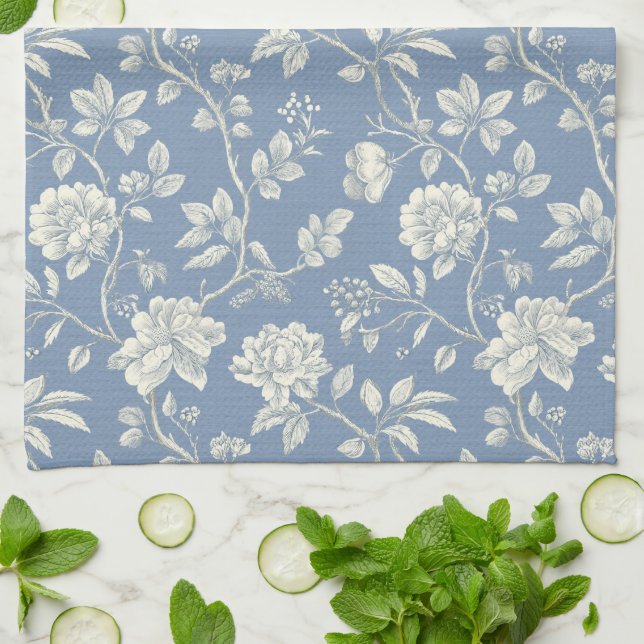 Paño De Cocina Flores Azules Crema Románticas y Bonitas   (Doblado)