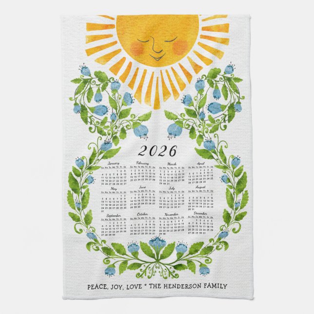 Paño De Cocina Flores azules de sol cúrcutas del calendario 2026 (Vertical)