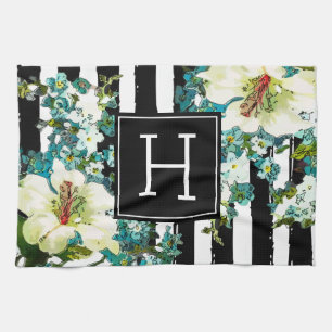 Paño De Cocina Flores azules y blancas elegantes con monograma