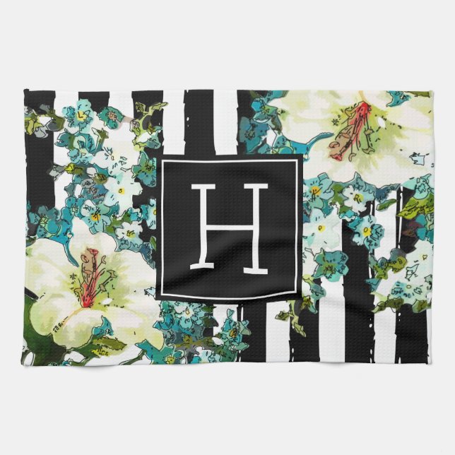 Paño De Cocina Flores azules y blancas elegantes con monograma (Horizontal)