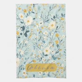 Paño De Cocina Flores blancas azules y verdes vibrantes