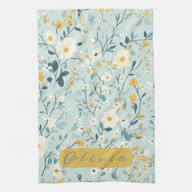 Paño De Cocina Flores blancas azules y verdes vibrantes (Vertical)