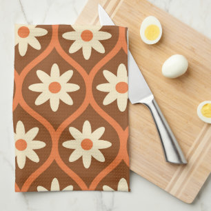 Paño De Cocina Flores Blancas Retro sobre Ogee Marrón de Época Mo