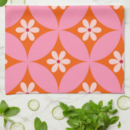 Paño De Cocina Flores blancas sobre patrón de círculos rosados de
