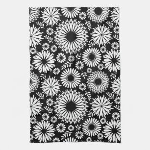Paño De Cocina Flores Boho Patrón floral vectorial negro y blanco