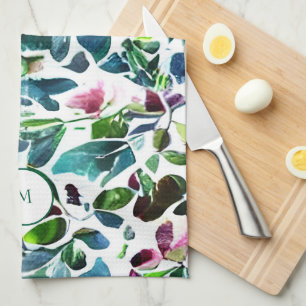 Paño De Cocina Flores botánicas acuarelas elegantes monogramadas