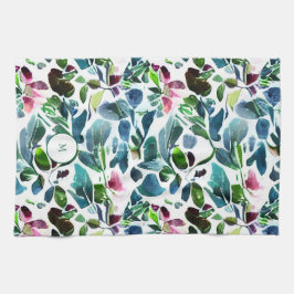 Paño De Cocina Flores botánicas acuarelas elegantes monogramadas