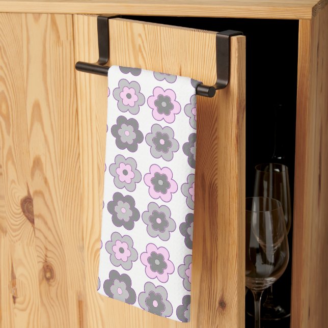 Paño De Cocina Flores Burbuja Retro (rosa y gris) Patrón (Pliegue de tercios)