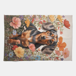 Paño De Cocina Flores Cute Brown Dachshund Y Cosmos