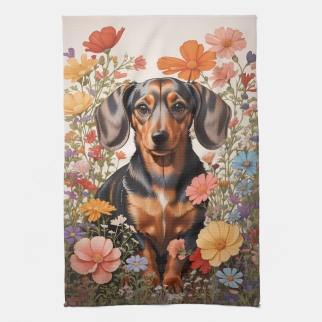 Paño De Cocina Flores Cute Brown Dachshund Y Cosmos (Vertical)