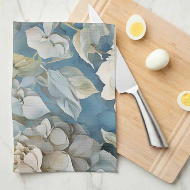 Paño De Cocina Flores de acuarela azul polvorientas y elegantes (Doblado Cuarto)