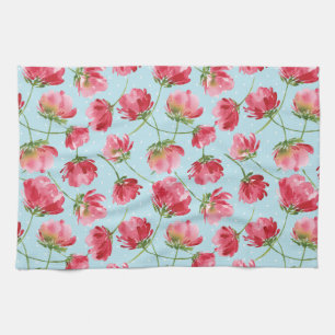Paño De Cocina Flores de Acuarela Rojo Carmesín Tossed Lunares